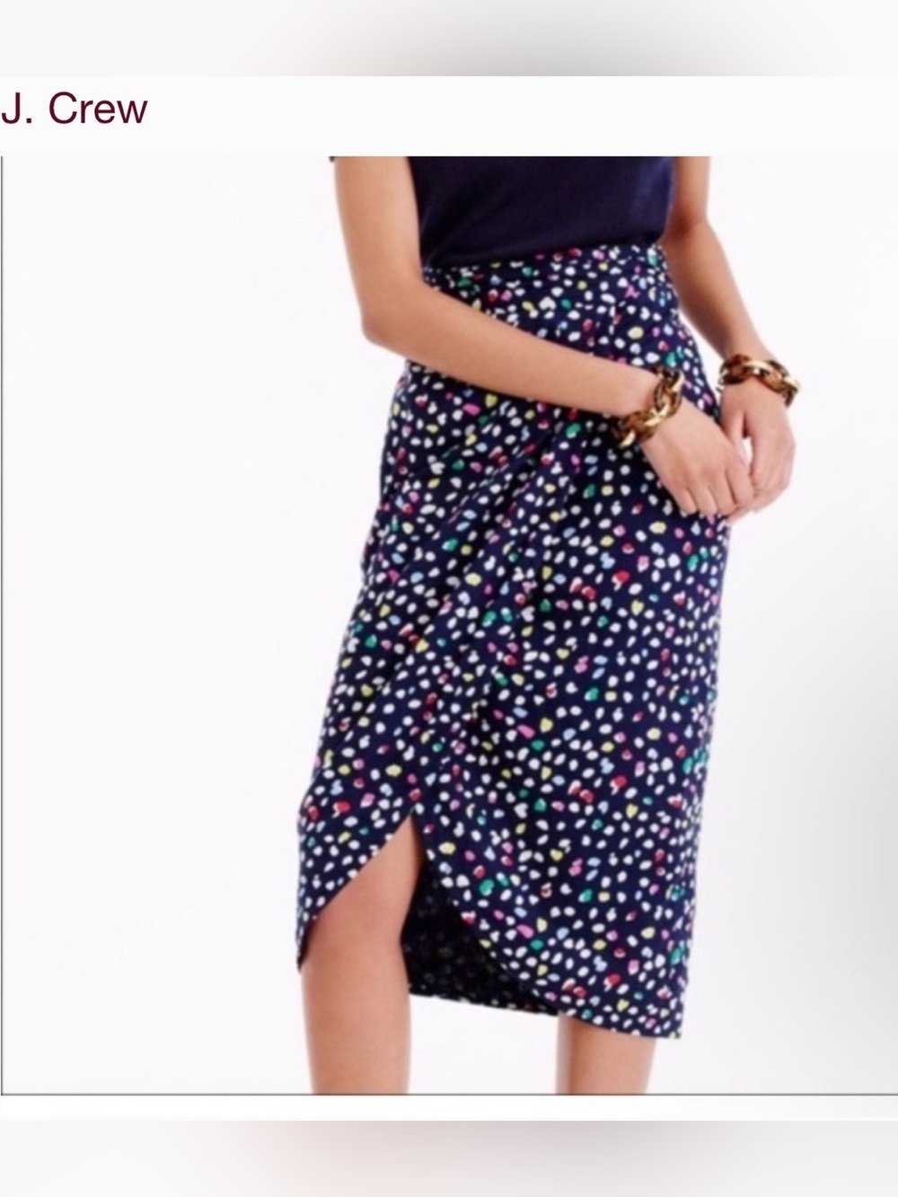 J. Crew Navy Midi Skirt with Multicolor Confetti Print